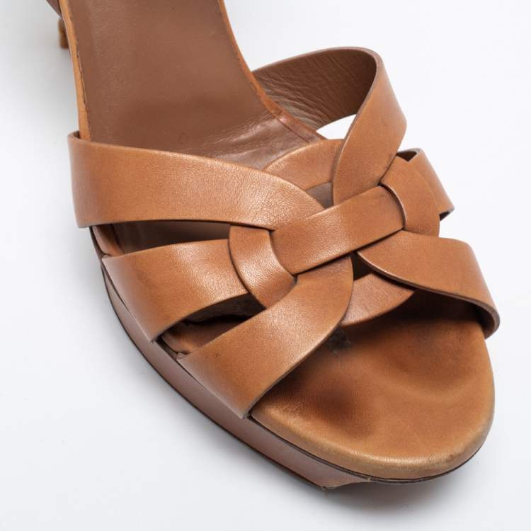 Pre Owned Yves Saint Laurent Caramel Brown Leather Tribute Platform Sandals Size 39