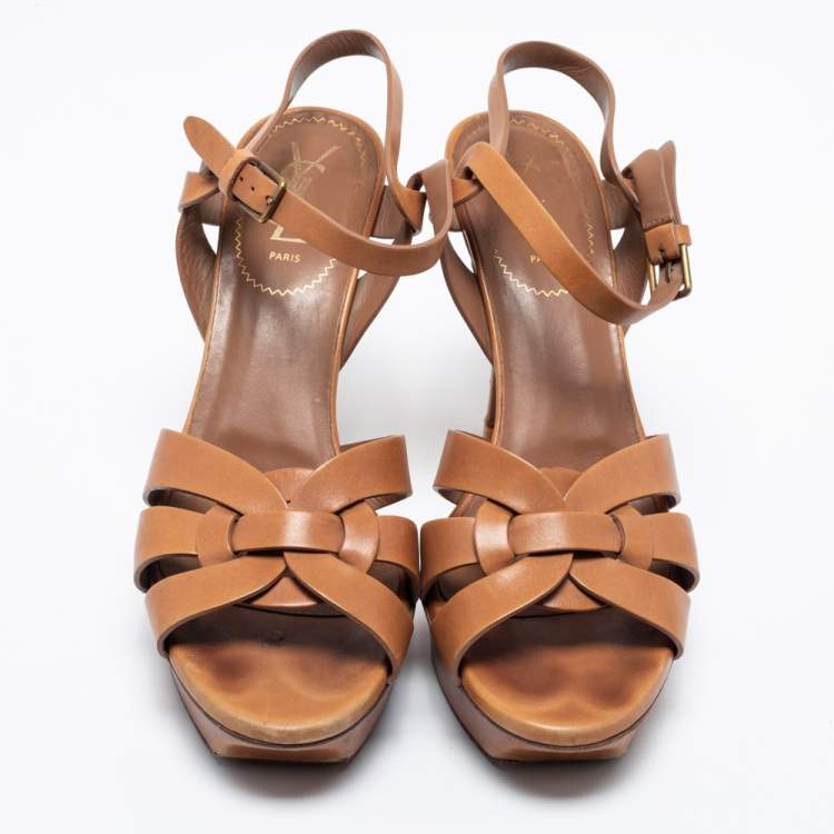 Pre Owned Yves Saint Laurent Caramel Brown Leather Tribute Platform Sandals Size 39
