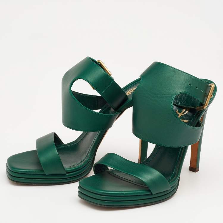 Pre Owned Yves Saint Laurent Green Leather Ankle Strap Platform Sandals Size 38