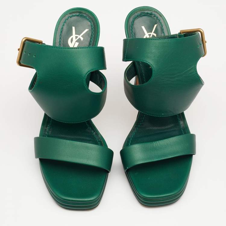 Pre Owned Yves Saint Laurent Green Leather Ankle Strap Platform Sandals Size 38