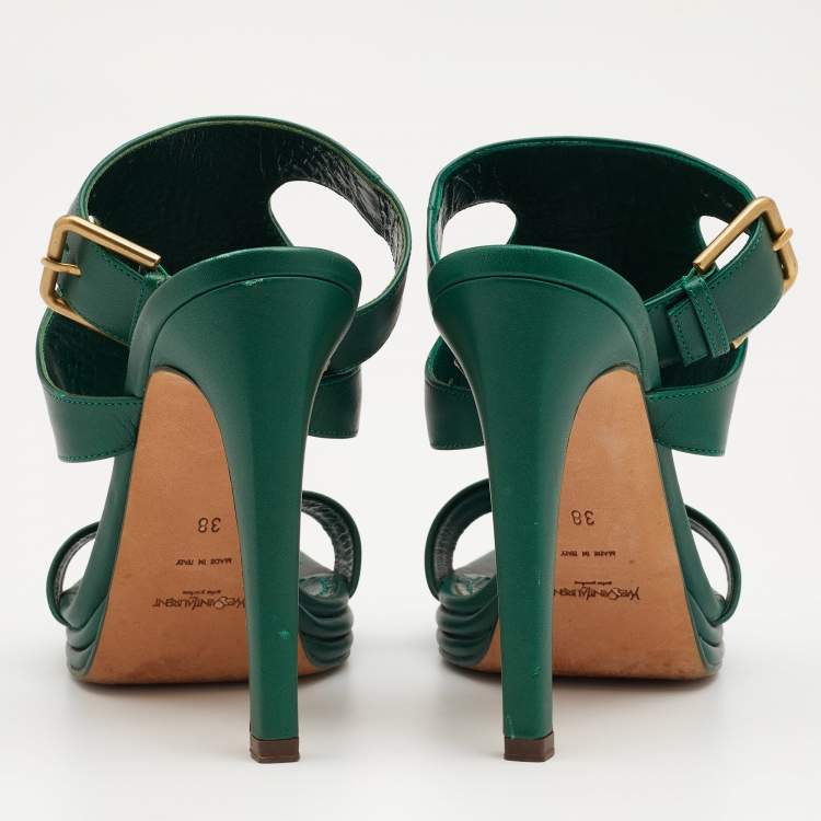 Pre Owned Yves Saint Laurent Green Leather Ankle Strap Platform Sandals Size 38
