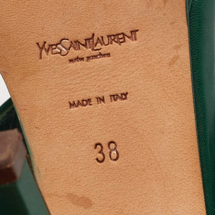 Pre Owned Yves Saint Laurent Green Leather Ankle Strap Platform Sandals Size 38