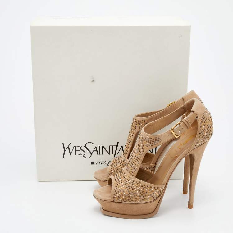 Pre Owned Yves Saint Laurent Beige Studded Suede T-Strap Platform Sandals Size 38