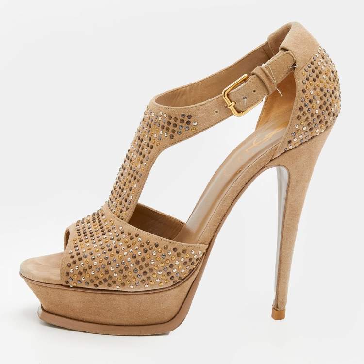 Pre Owned Yves Saint Laurent Beige Studded Suede T-Strap Platform Sandals Size 38