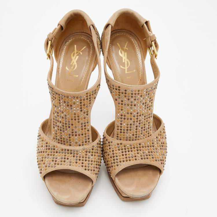Pre Owned Yves Saint Laurent Beige Studded Suede T-Strap Platform Sandals Size 38