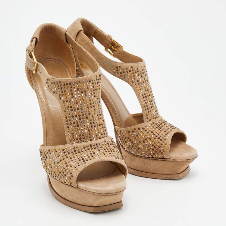 Pre Owned Yves Saint Laurent Beige Studded Suede T-Strap Platform Sandals Size 38