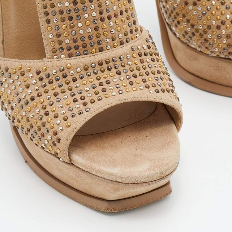 Pre Owned Yves Saint Laurent Beige Studded Suede T-Strap Platform Sandals Size 38