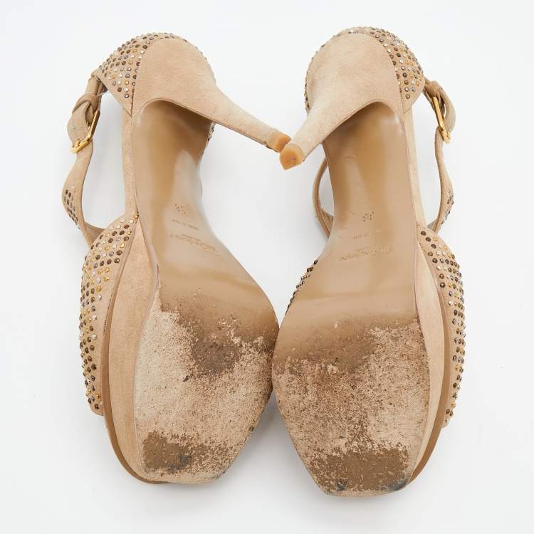 Pre Owned Yves Saint Laurent Beige Studded Suede T-Strap Platform Sandals Size 38