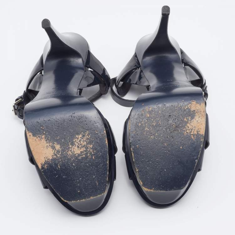 Pre Owned Yves Saint Laurent Navy Blue Patent Leather Tribute Ankle Trap Platform Sandals Size 40