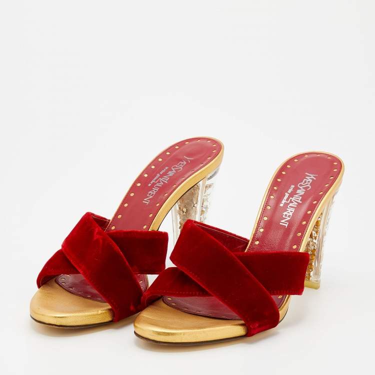 Pre Owned Yves Saint Laurent Red Velvet Criss-Cross Rhinestone Heel Slide Sandals Size 39