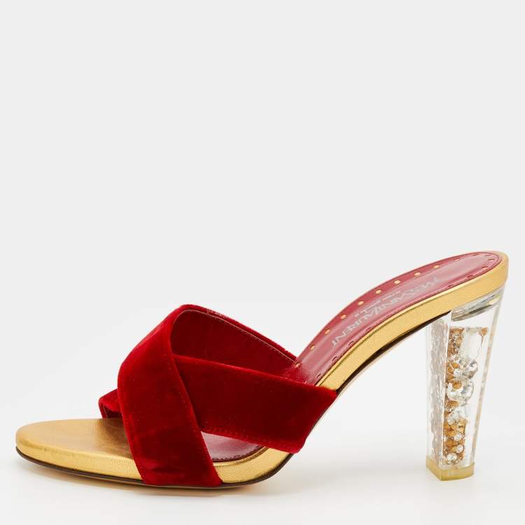 Pre Owned Yves Saint Laurent Red Velvet Criss-Cross Rhinestone Heel Slide Sandals Size 39