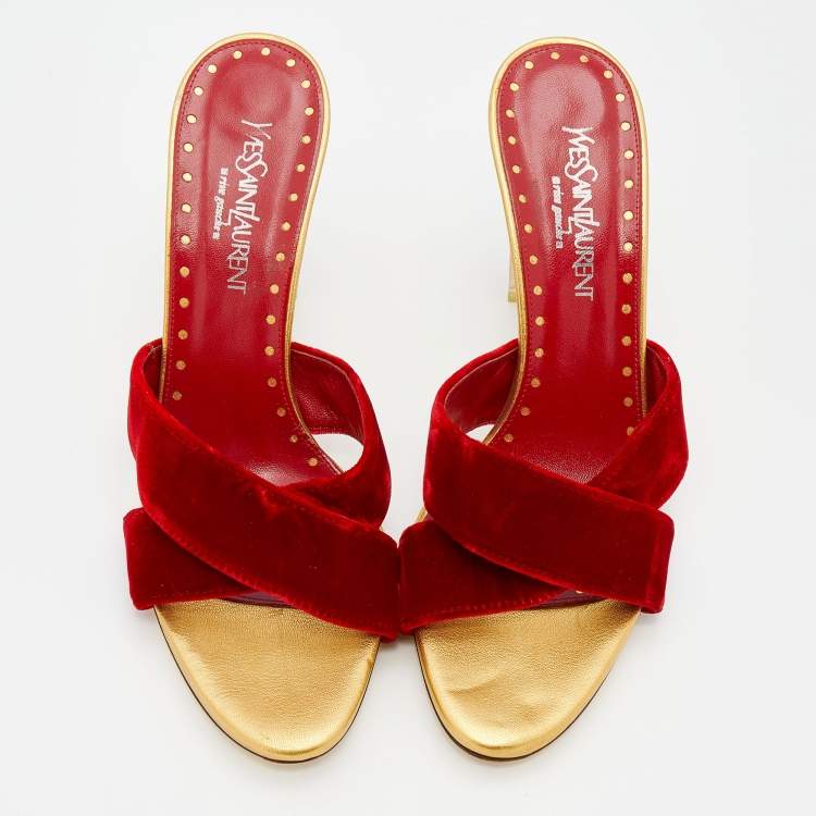 Pre Owned Yves Saint Laurent Red Velvet Criss-Cross Rhinestone Heel Slide Sandals Size 39