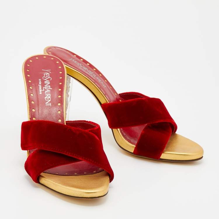 Pre Owned Yves Saint Laurent Red Velvet Criss-Cross Rhinestone Heel Slide Sandals Size 39