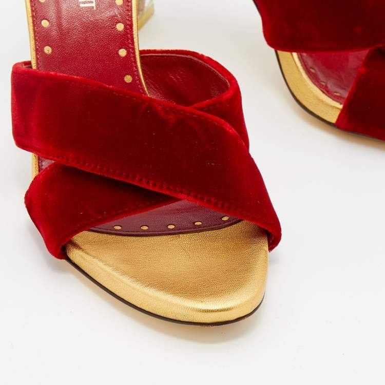 Pre Owned Yves Saint Laurent Red Velvet Criss-Cross Rhinestone Heel Slide Sandals Size 39