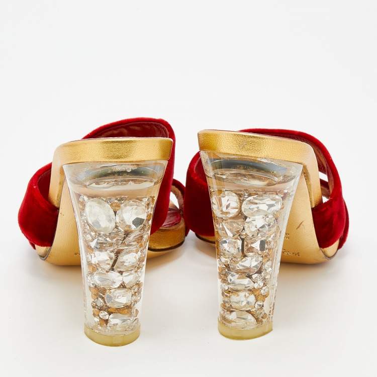 Pre Owned Yves Saint Laurent Red Velvet Criss-Cross Rhinestone Heel Slide Sandals Size 39