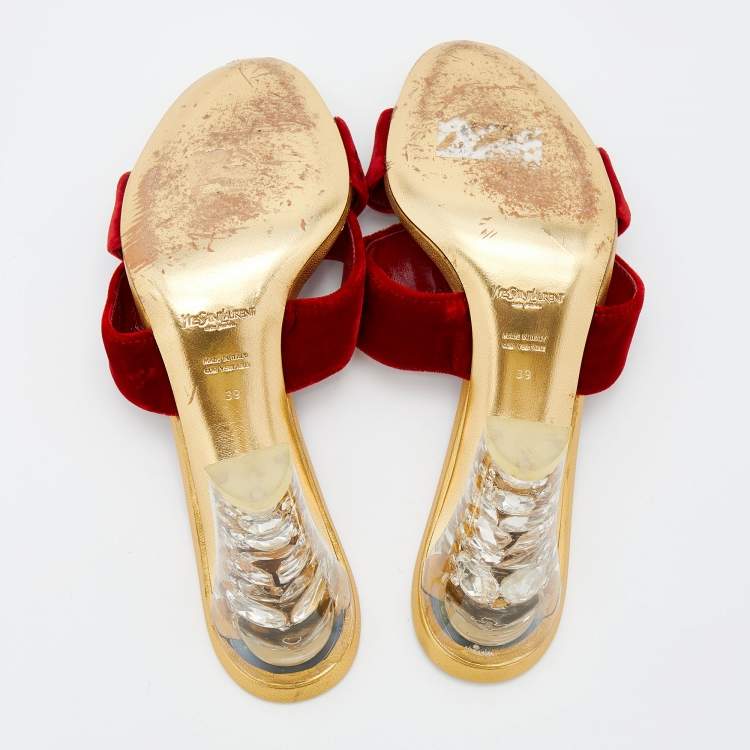 Pre Owned Yves Saint Laurent Red Velvet Criss-Cross Rhinestone Heel Slide Sandals Size 39