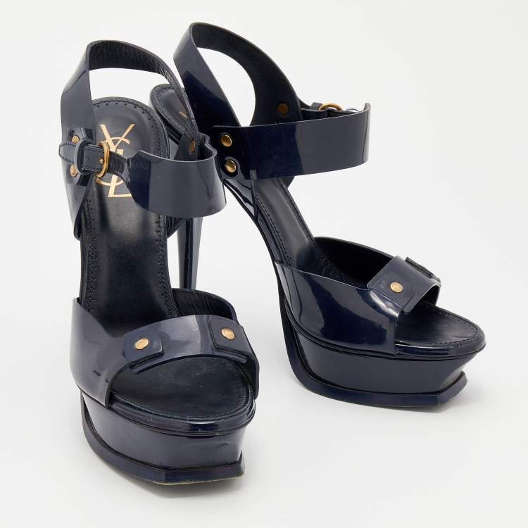 Pre Owned Yves Saint Laurent Navy Blue Patent Leather Studded Ankle Strap Platform Sandals Size 40