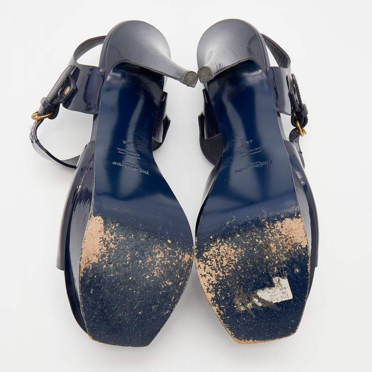 Pre Owned Yves Saint Laurent Navy Blue Patent Leather Studded Ankle Strap Platform Sandals Size 40
