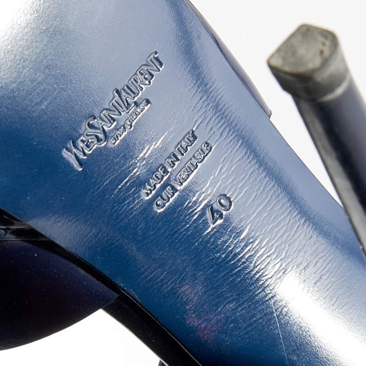 Pre Owned Yves Saint Laurent Navy Blue Patent Leather Studded Ankle Strap Platform Sandals Size 40