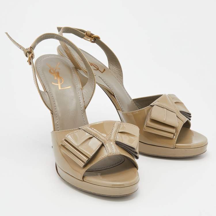 Pre Owned Yves Saint Laurent Olive Green Patent Leather Bow Platform Slingback Sandals Size 40
