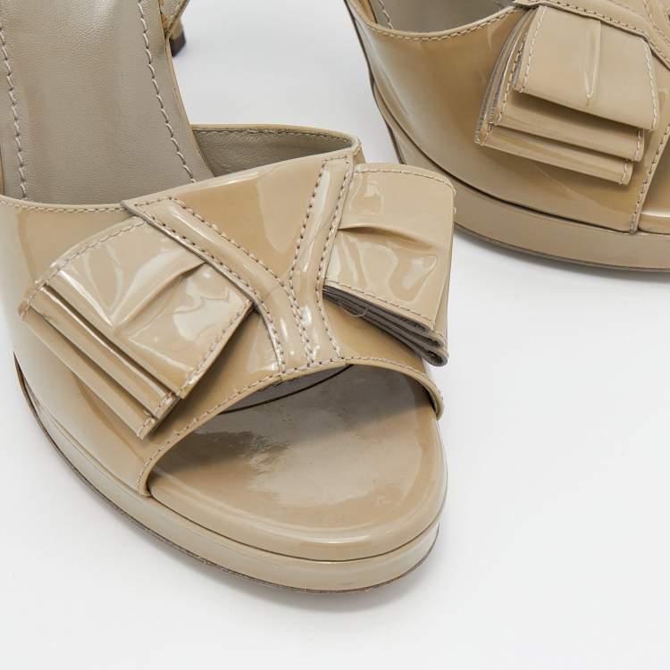 Pre Owned Yves Saint Laurent Olive Green Patent Leather Bow Platform Slingback Sandals Size 40