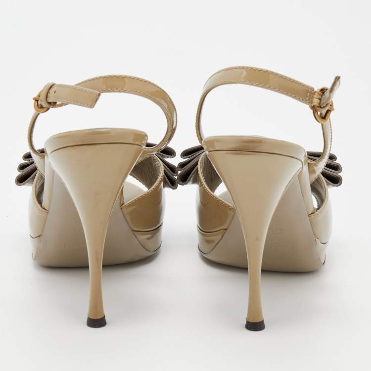 Pre Owned Yves Saint Laurent Olive Green Patent Leather Bow Platform Slingback Sandals Size 40