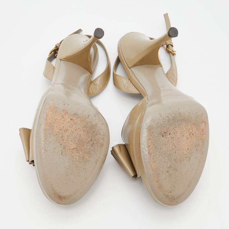 Pre Owned Yves Saint Laurent Olive Green Patent Leather Bow Platform Slingback Sandals Size 40