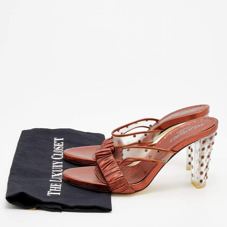 Pre Owned Yves Saint Laurent Metallic Bronze Leather And PVC Crystal Embellished Slide Sandals Size 40