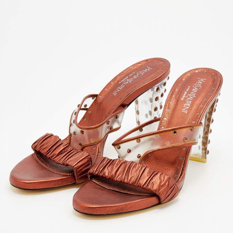 Pre Owned Yves Saint Laurent Metallic Bronze Leather And PVC Crystal Embellished Slide Sandals Size 40