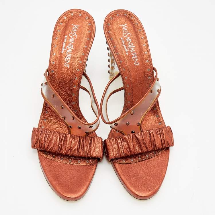 Pre Owned Yves Saint Laurent Metallic Bronze Leather And PVC Crystal Embellished Slide Sandals Size 40