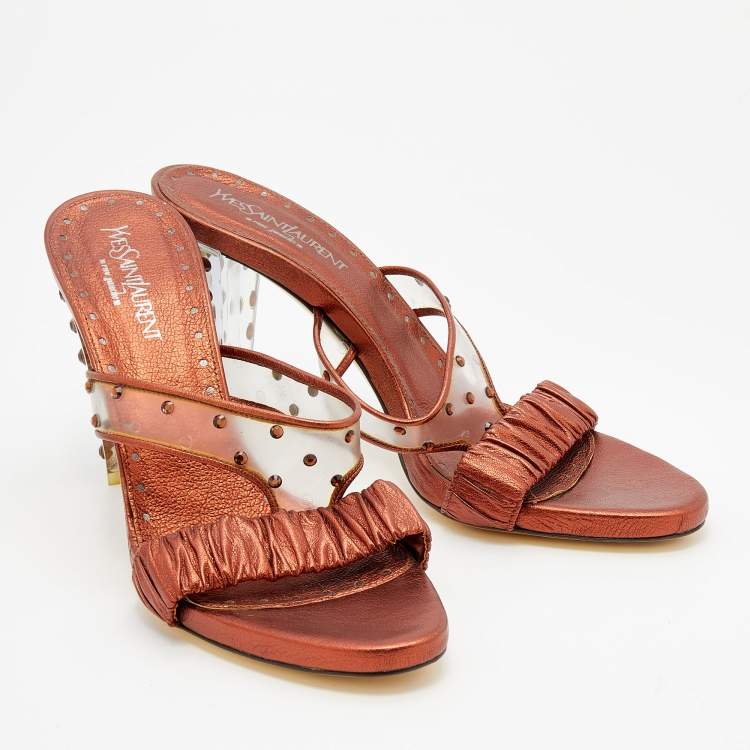 Pre Owned Yves Saint Laurent Metallic Bronze Leather And PVC Crystal Embellished Slide Sandals Size 40