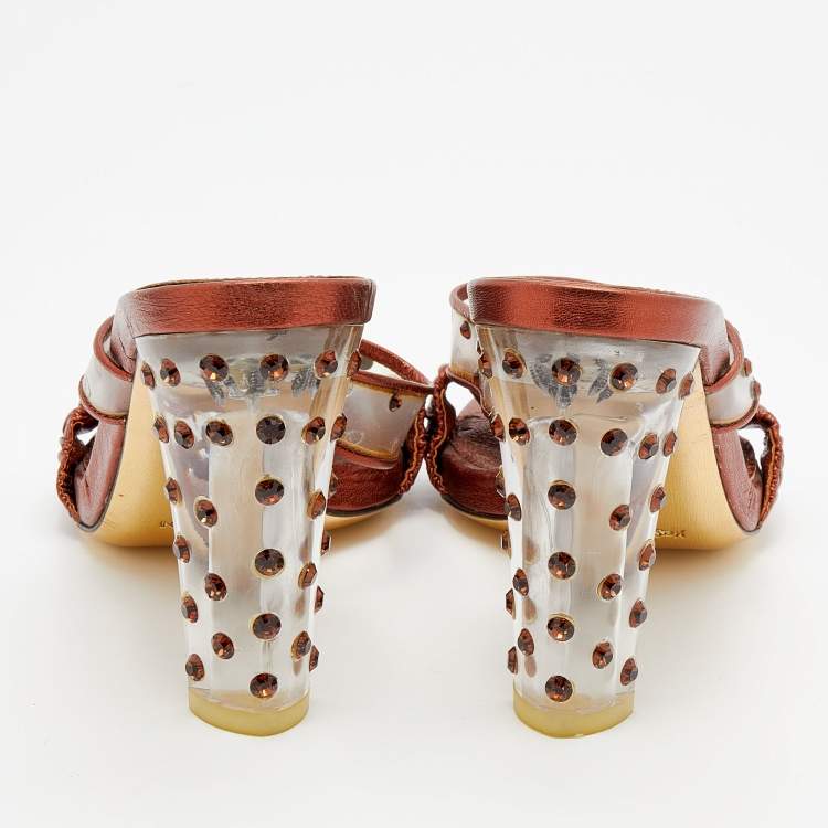 Pre Owned Yves Saint Laurent Metallic Bronze Leather And PVC Crystal Embellished Slide Sandals Size 40