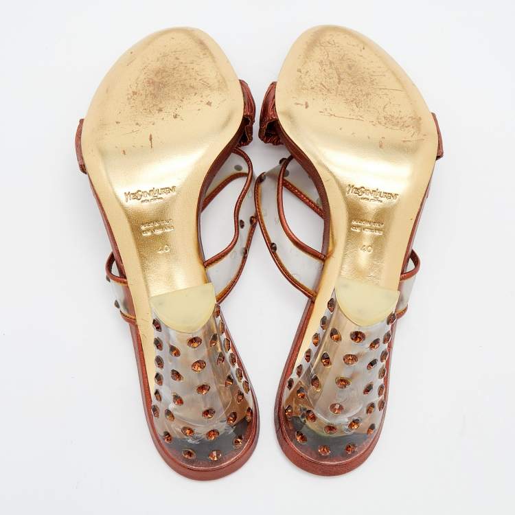 Pre Owned Yves Saint Laurent Metallic Bronze Leather And PVC Crystal Embellished Slide Sandals Size 40