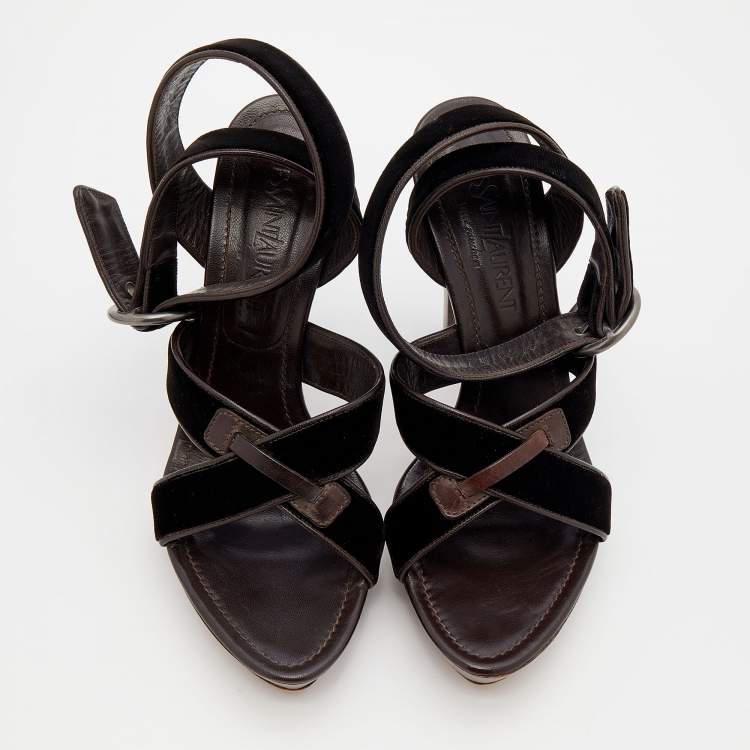 Pre Owned Yves Saint Laurent Dark Brown Velvet And Leather Strappy Platform Sandals Size 39.5
