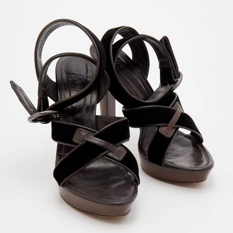 Pre Owned Yves Saint Laurent Dark Brown Velvet And Leather Strappy Platform Sandals Size 39.5