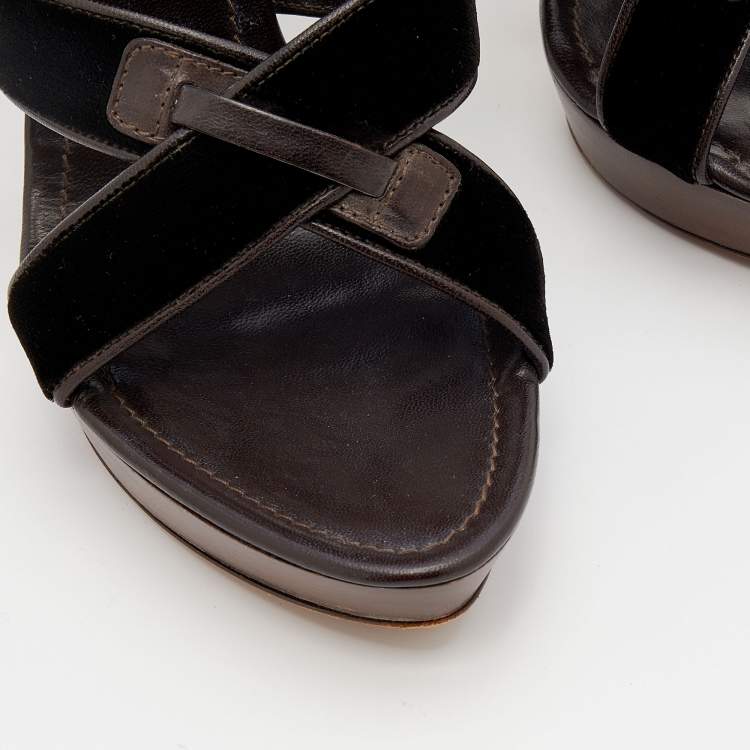 Pre Owned Yves Saint Laurent Dark Brown Velvet And Leather Strappy Platform Sandals Size 39.5