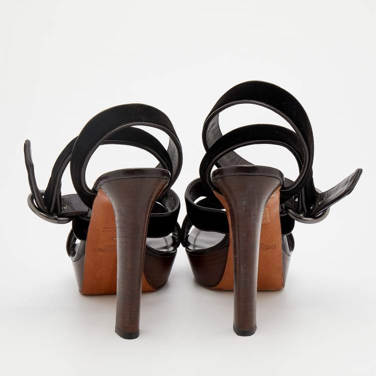 Pre Owned Yves Saint Laurent Dark Brown Velvet And Leather Strappy Platform Sandals Size 39.5