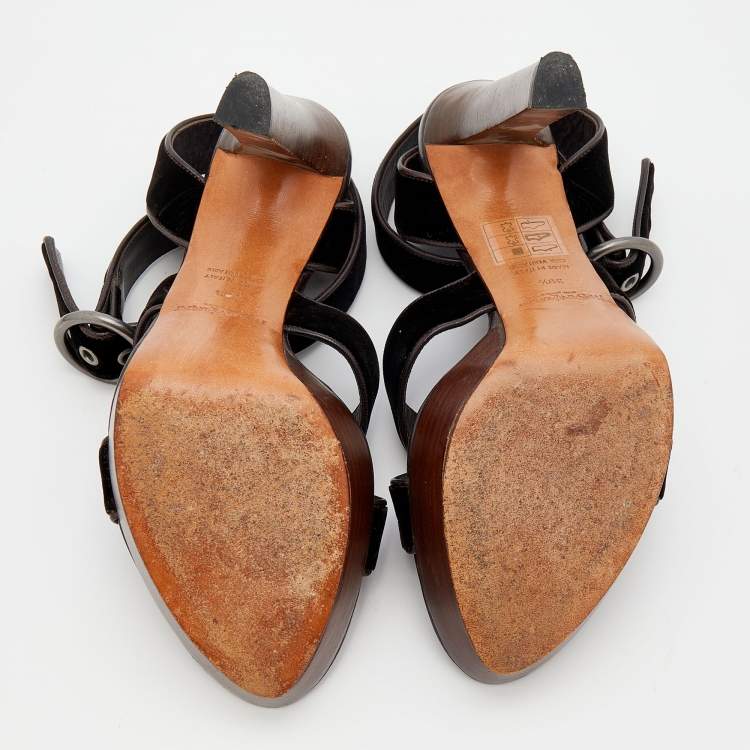 Pre Owned Yves Saint Laurent Dark Brown Velvet And Leather Strappy Platform Sandals Size 39.5