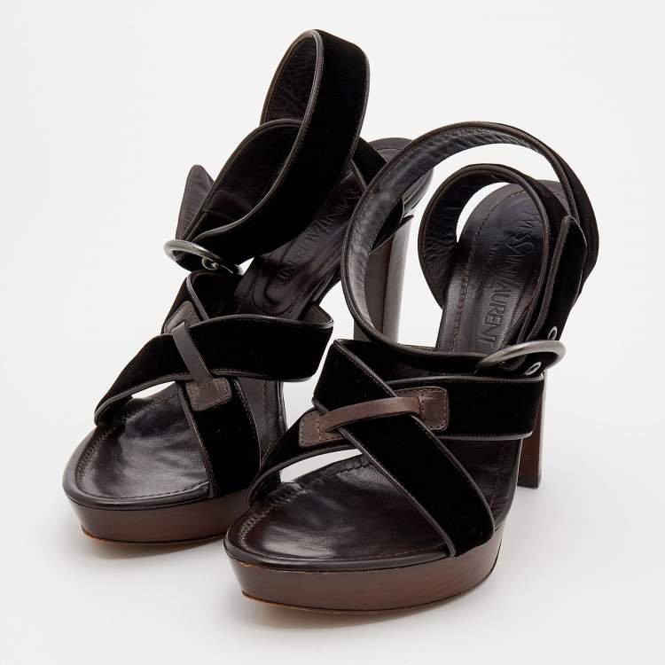 Pre Owned Yves Saint Laurent Dark Brown Velvet And Leather Strappy Platform Sandals Size 39.5