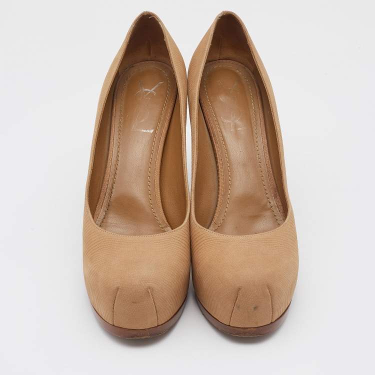 Pre Owned Yves Saint Laurent Beige Leather Tribtoo Platform Pumps Size 39.5