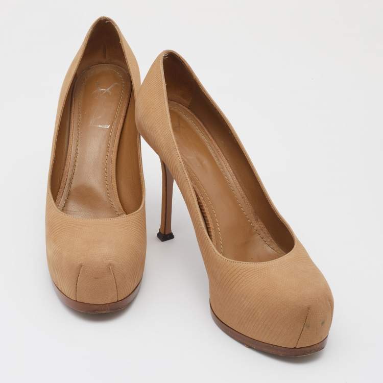 Pre Owned Yves Saint Laurent Beige Leather Tribtoo Platform Pumps Size 39.5