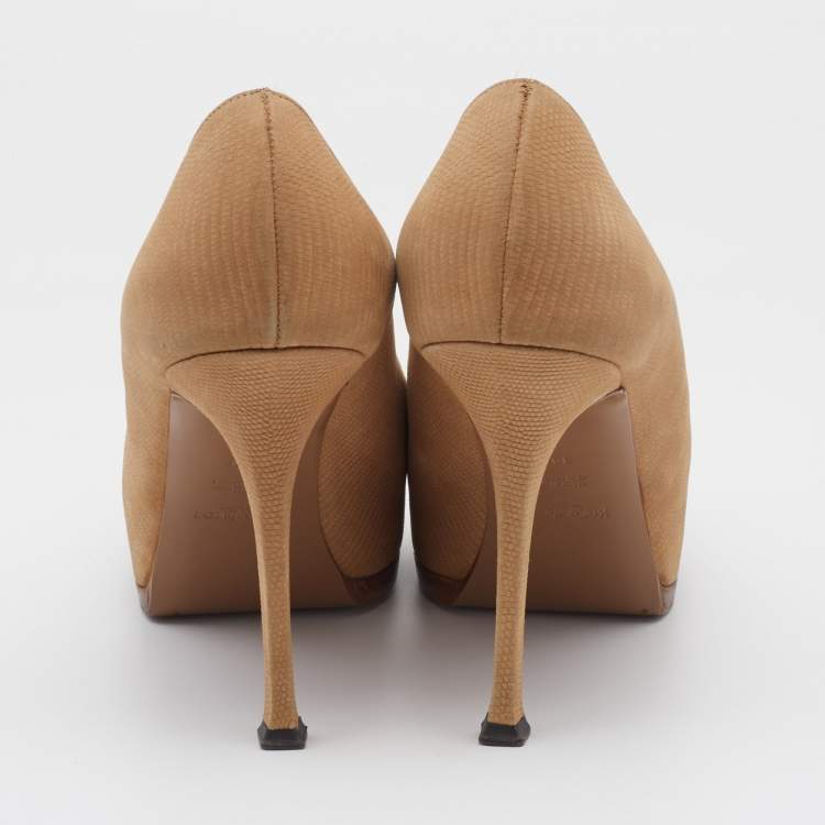 Pre Owned Yves Saint Laurent Beige Leather Tribtoo Platform Pumps Size 39.5