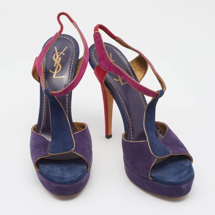 Pre Owned Yves Saint Laurent Multicolor Suede Slingback Platform Sandals Size 39.5