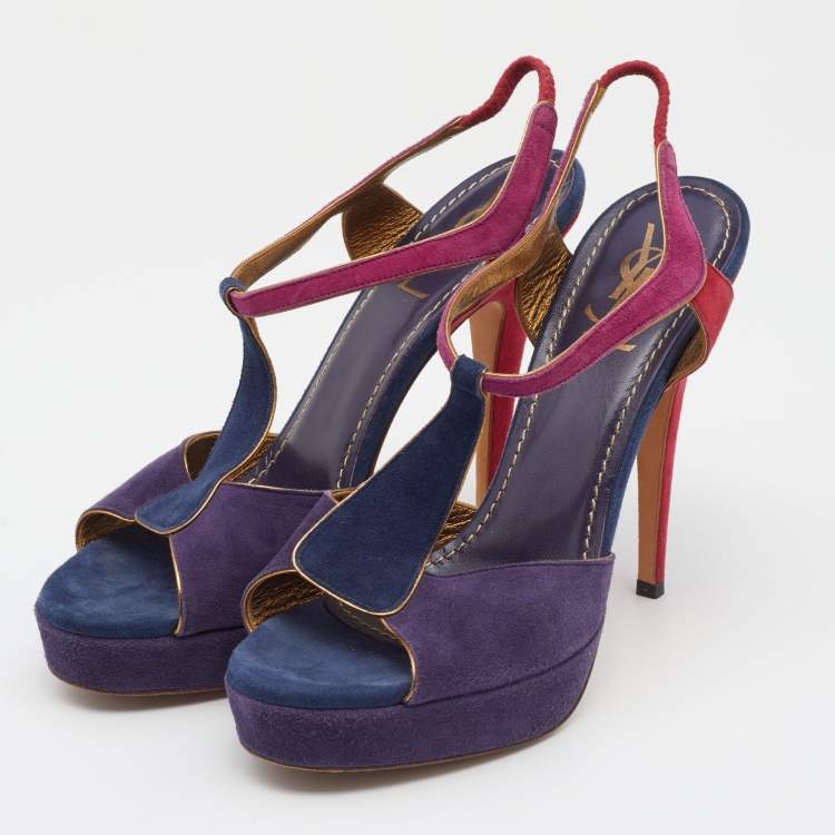 Pre Owned Yves Saint Laurent Multicolor Suede Slingback Platform Sandals Size 39.5