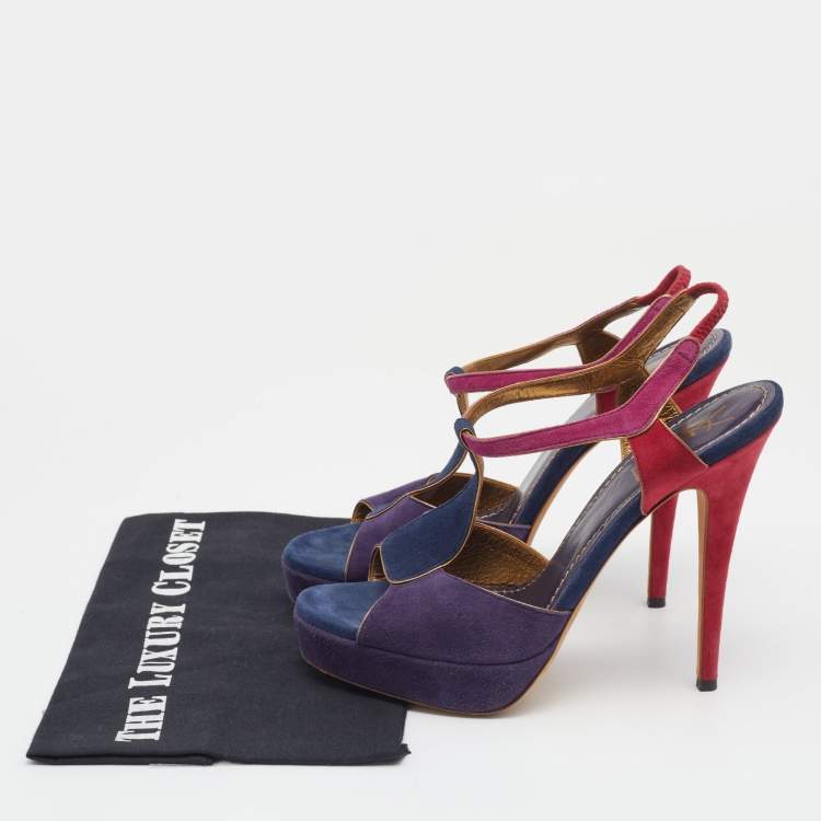 Pre Owned Yves Saint Laurent Multicolor Suede Slingback Platform Sandals Size 39.5