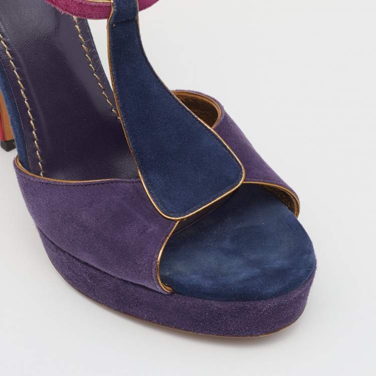 Pre Owned Yves Saint Laurent Multicolor Suede Slingback Platform Sandals Size 39.5