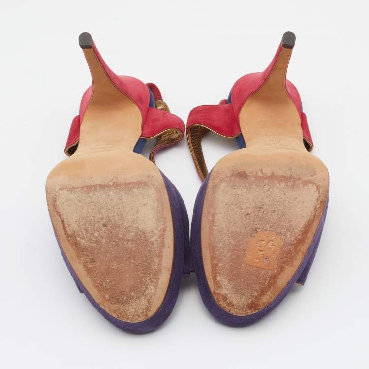 Pre Owned Yves Saint Laurent Multicolor Suede Slingback Platform Sandals Size 39.5