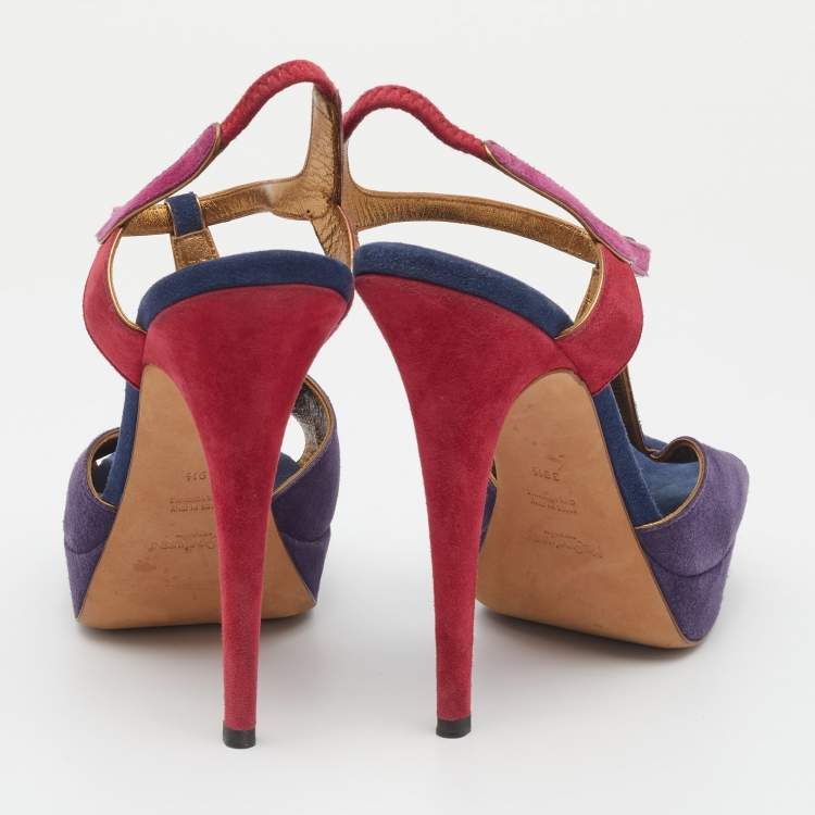 Pre Owned Yves Saint Laurent Multicolor Suede Slingback Platform Sandals Size 39.5