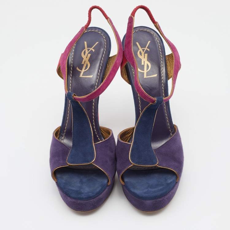 Pre Owned Yves Saint Laurent Multicolor Suede Slingback Platform Sandals Size 39.5