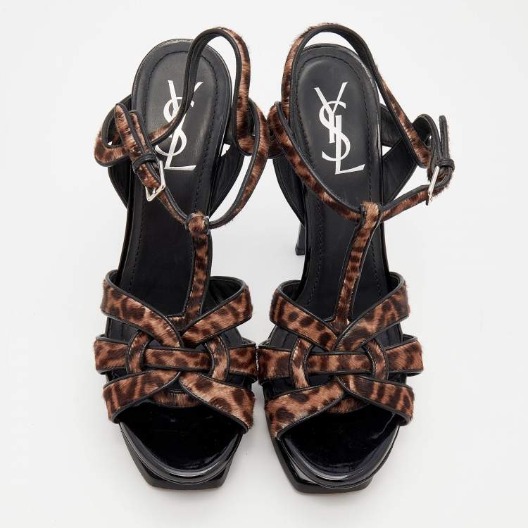 Pre Owned Yves Saint Laurent Brown/Black Leopard Print Calf Hair And Leather Trim Tribute Platform Ankle Strap Sandals Size 40